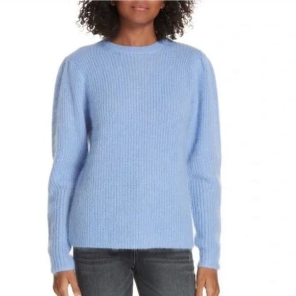 Lewit Blue Hydrangea Mohair Angora Silk Merino Wool Puff Sleeve Sweater L 399.00 - Picture 1 of 7